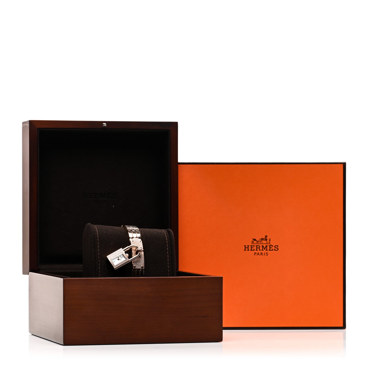 Hermes 18K Rose Diamond Pave 16mm Kelly Quartz Watch 1545499