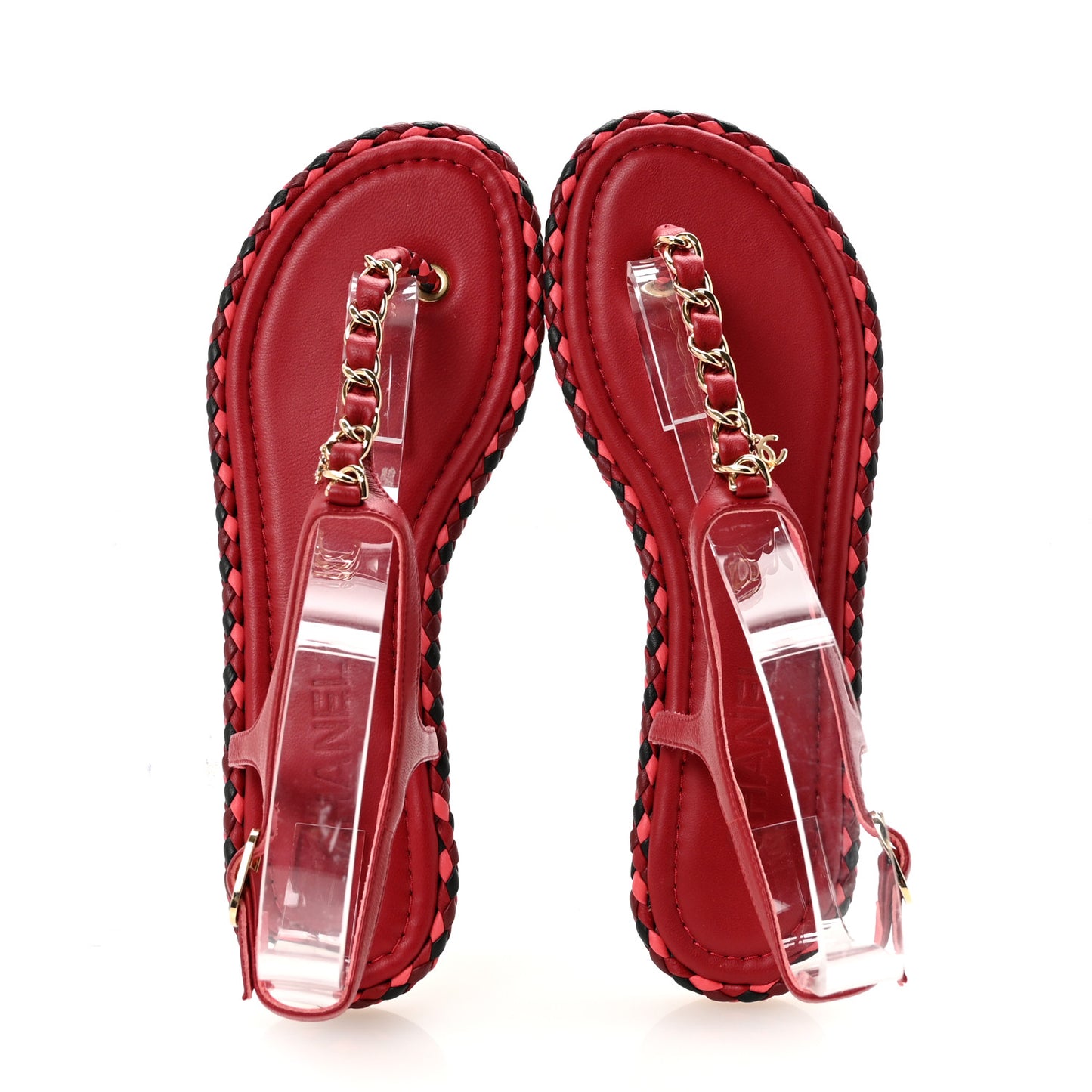 Lambskin Braided CC Logo Thong Sandals 38 Red