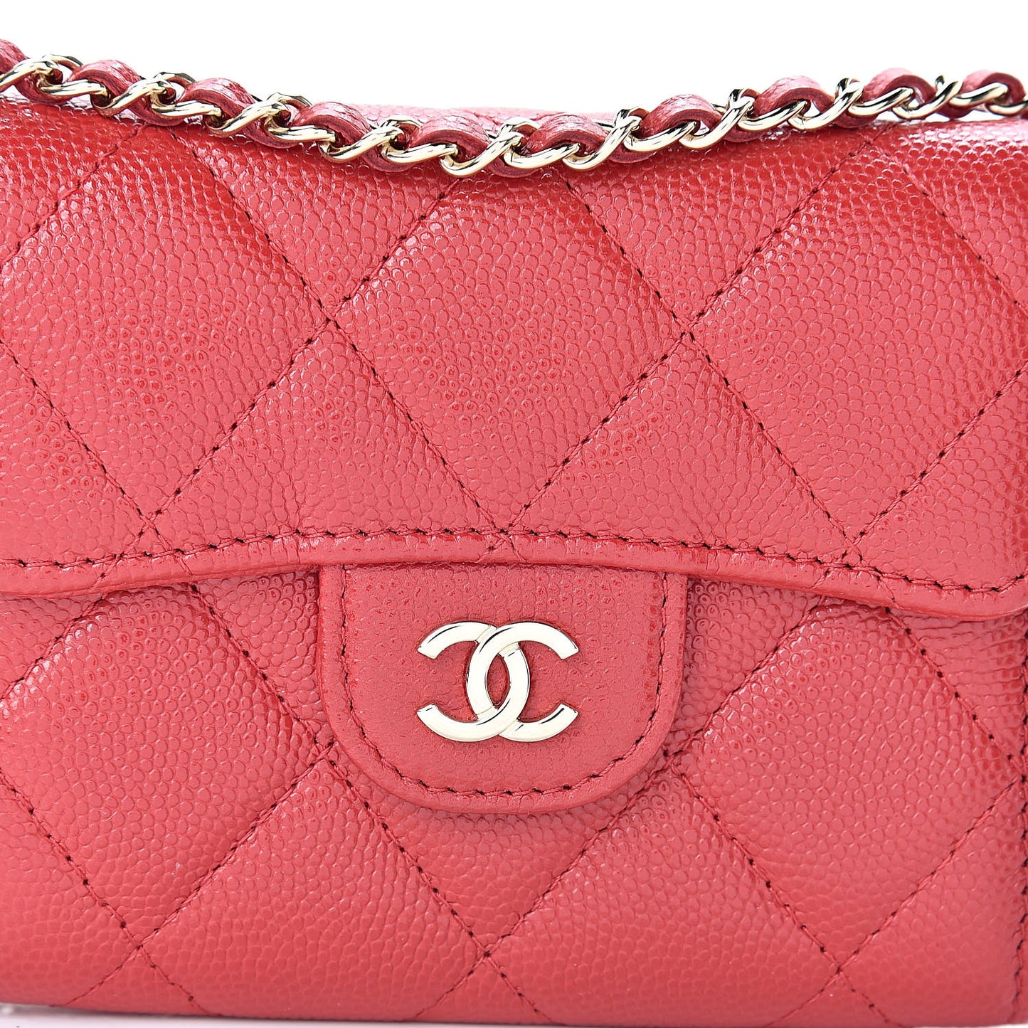 Caviar Quilted Flap Card Holder On Chain Red