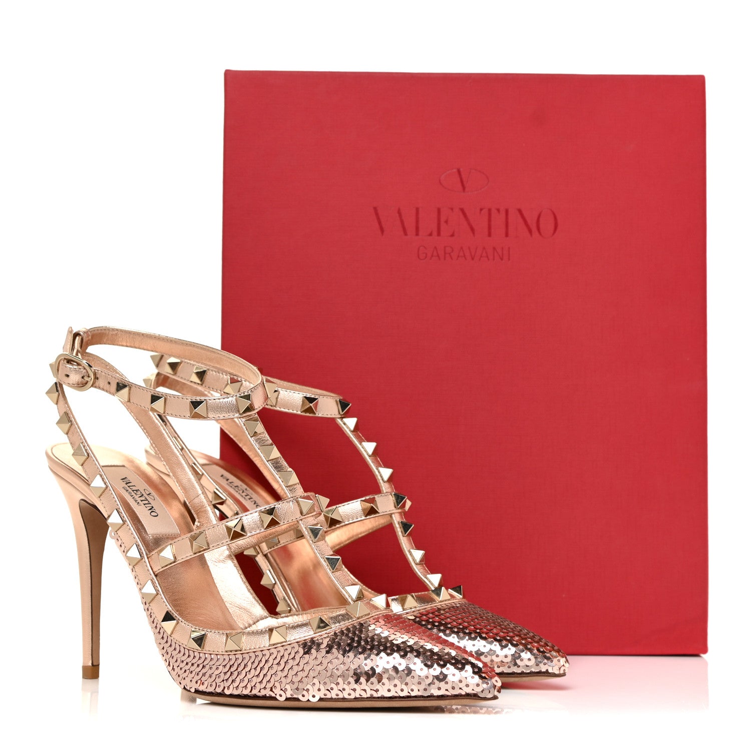 Valentino Garavani Metallic Nappa Sequin Liquid Metal Rockstud Ankle Strap Pumps 38.5 Rame Poudre 12 of 12
