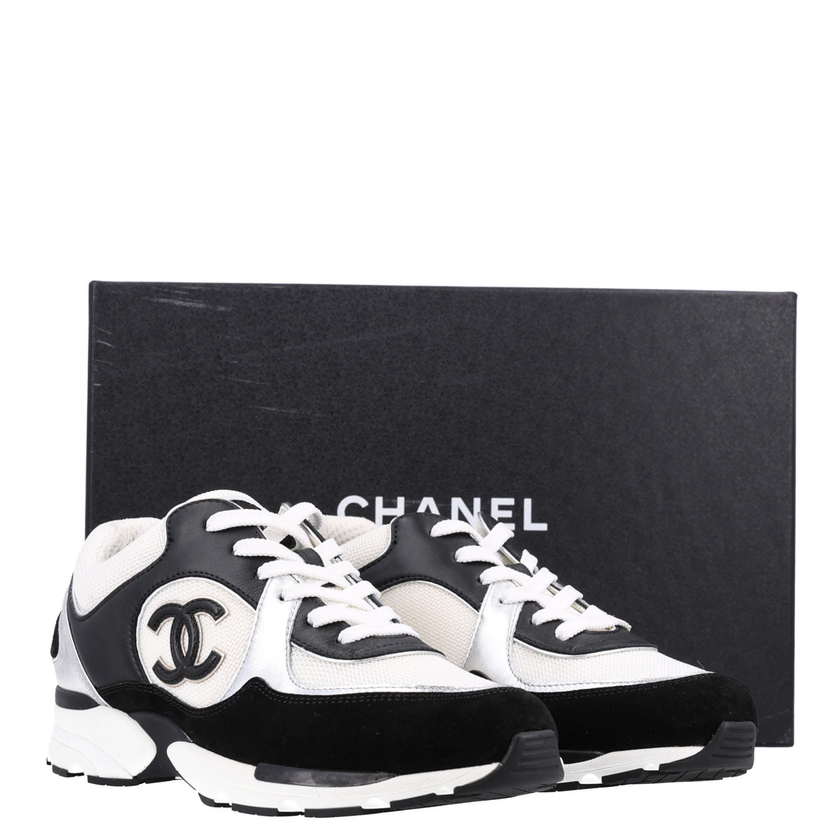 Chanel Mesh Suede Calfskin Grained Calfskin Womens CC Sneakers 39 Black White Silver 10 of 10