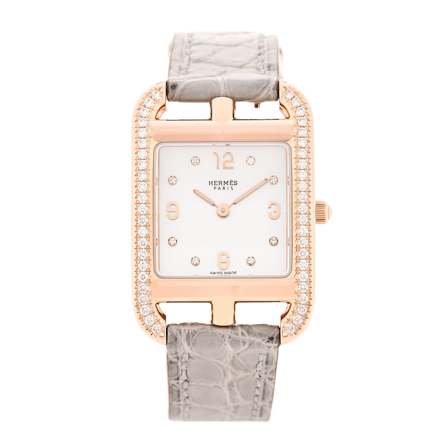 Hermes 18K Rose Gold Alligator Diamond Bezel Mother of Pearl 23mm Cape Cod Quartz Watch Gris Perle 1 of 5