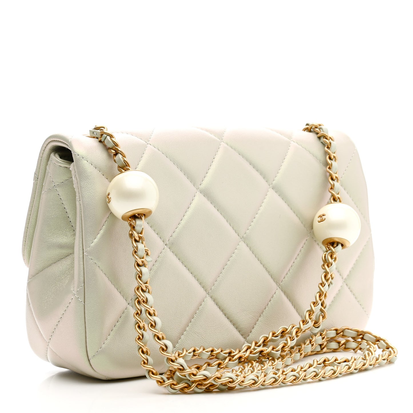 Pearly Lambskin Quilted Pearl Small Flap Light Grey