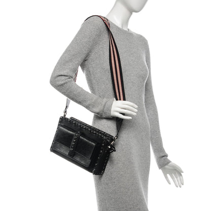 Valentino Garavani Craquele Calfskin Small Guitar Strap Rockstud Rolling Flap Pocket Shoulder Bag Black 2 of 7