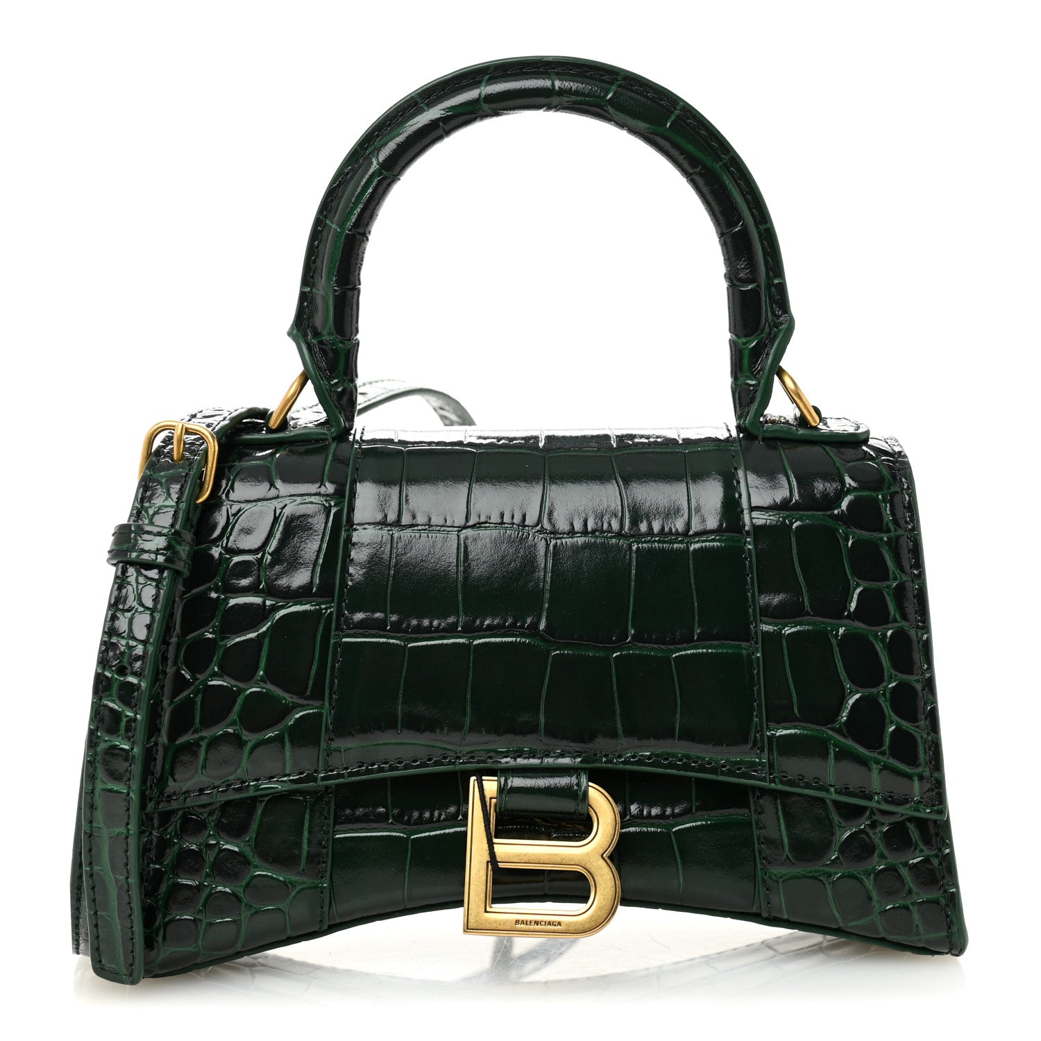 Balenciaga Shiny Calfskin Crocodile Embossed Hourglass Top Handle Bag XS Forest Green 1 of 10