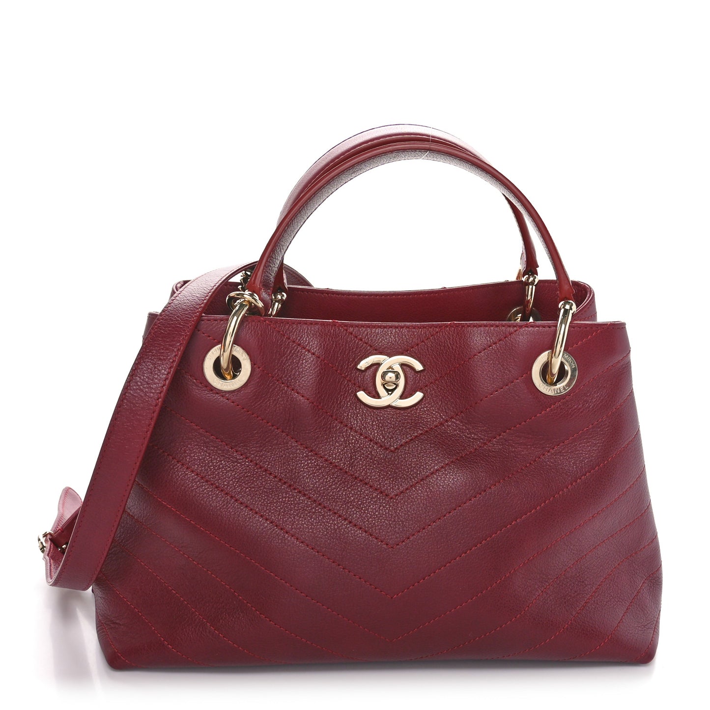 Calfskin Stitched Small Chevron Chic Shopping Bag Red