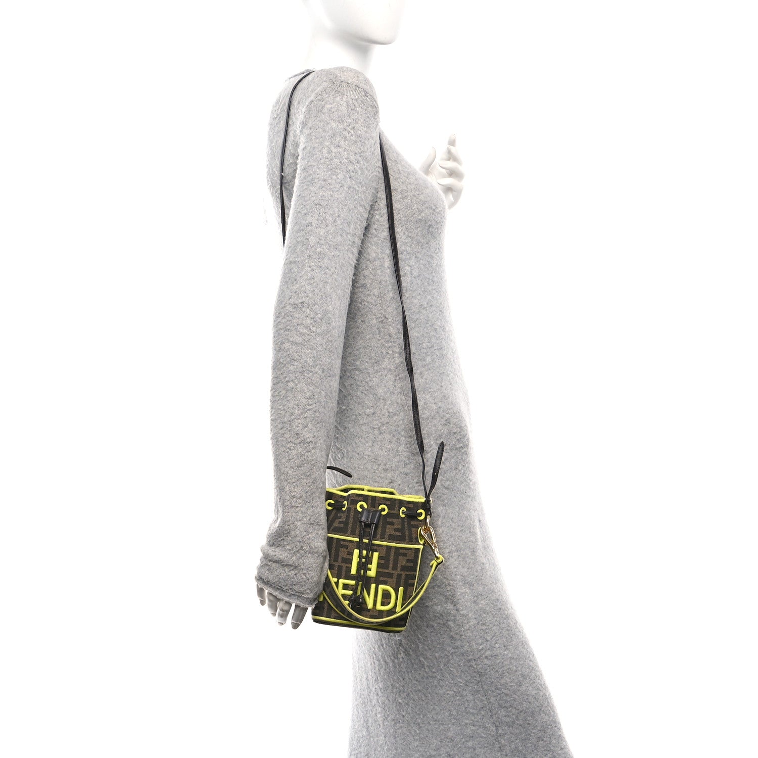 Fendi Fabric Jacquard Shiny Nappa FF 1974 Logo Threaded Edge Mini Mon Tresor Bucket Bag Tobacco Moro Giallo Fluo 2 of 9