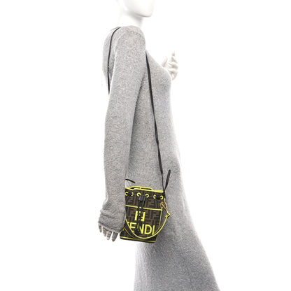 Fendi Fabric Jacquard Shiny Nappa FF 1974 Logo Threaded Edge Mini Mon Tresor Bucket Bag Tobacco Moro Giallo Fluo 2 of 9