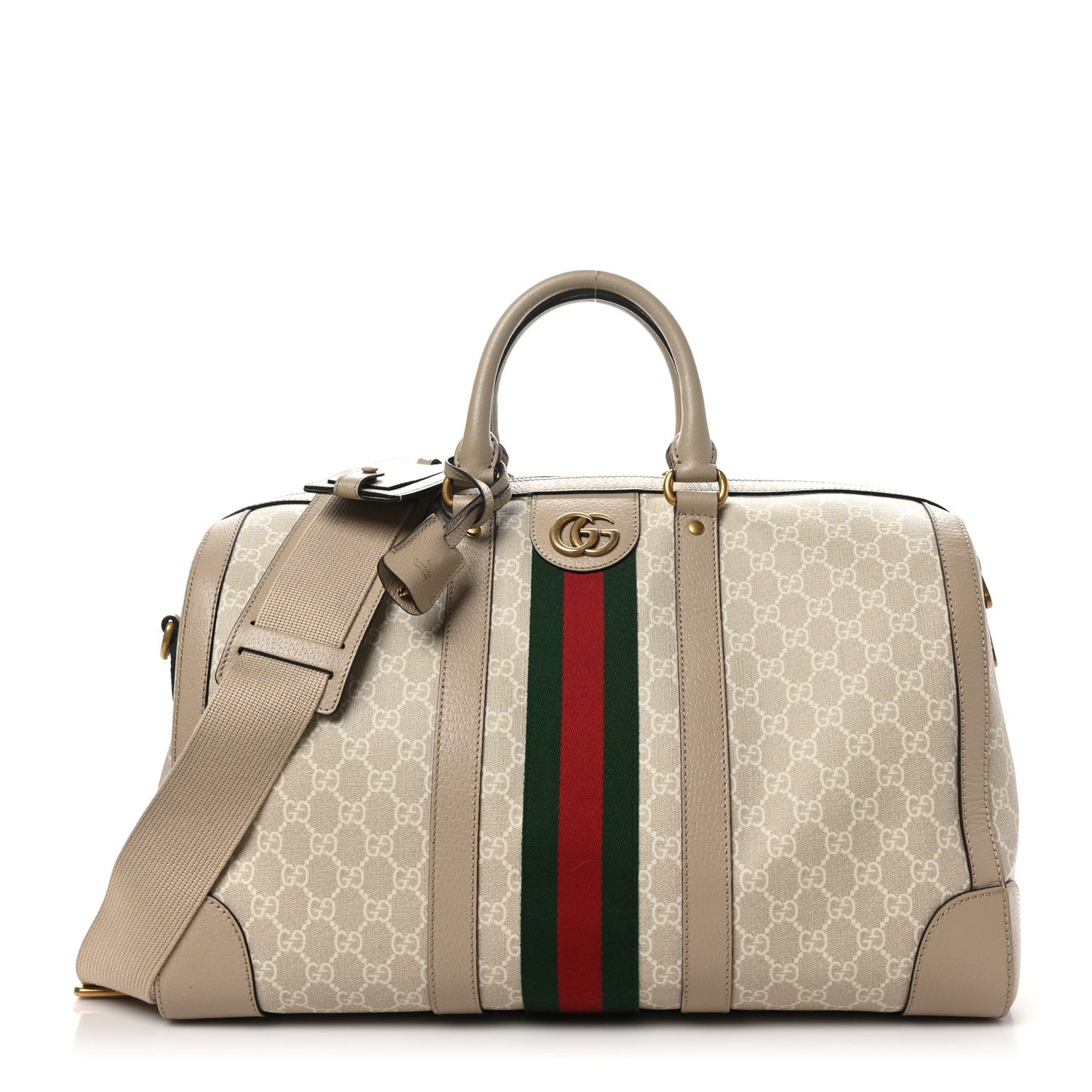GG Supreme Monogram Textured Dollar Calfskin Web Medium Savoy Duffle Bag Beige Mystic White Oatmeal