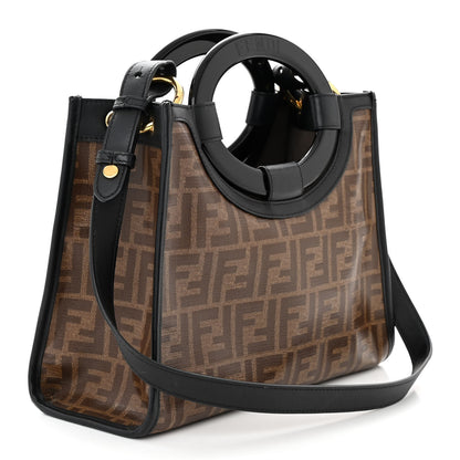 Fendi Glazed Fabric Vitello Century Plexiglass FF 1974 Stamp Patch Small Runaway Shopper Tote Mogano Panna Black 3 of 10