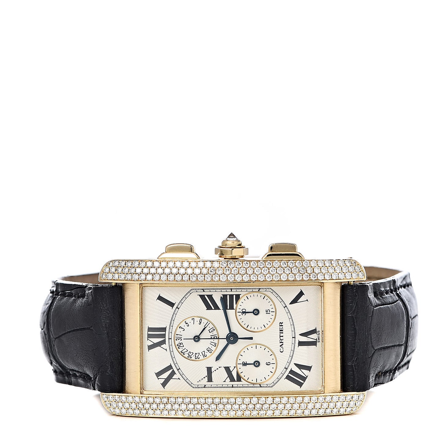 18K Yellow Gold Alligator Diamond 26mm Tank Americaine Chronograph Quartz Watch