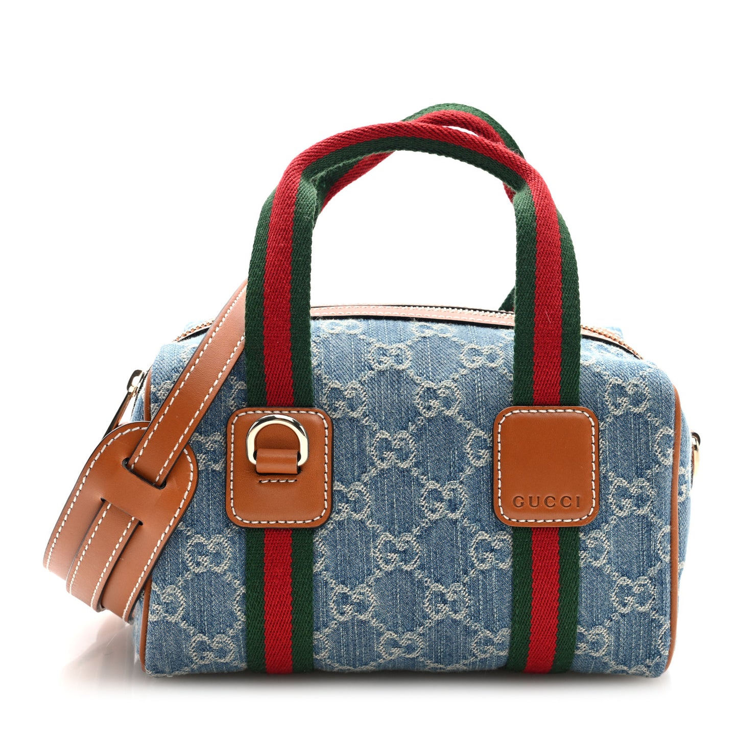 GG Denim Calfskin Web Mini GG Top Handle Bag Light Blue White