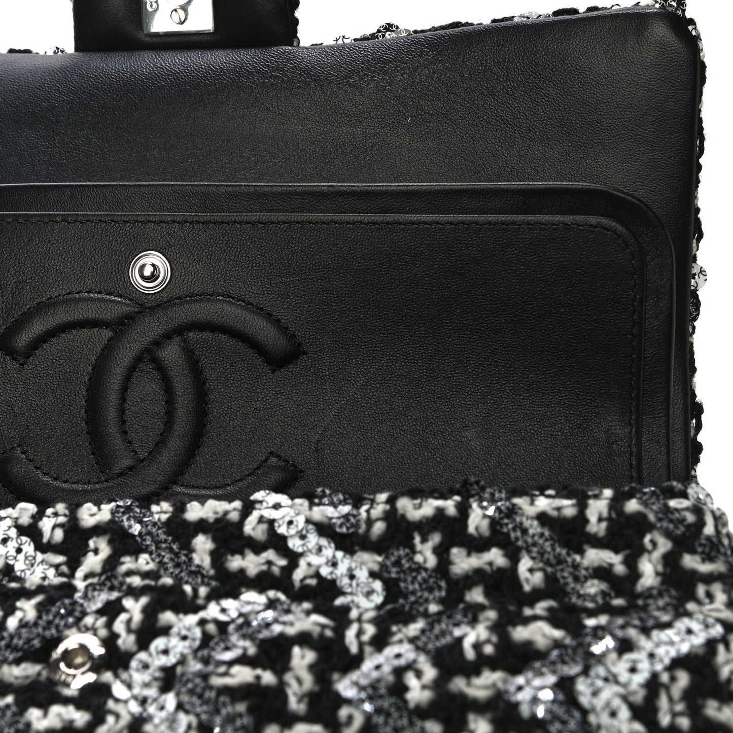 Tweed Sequin Quilted Medium Double Flap Black White