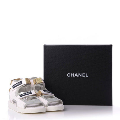 Chanel Goatskin Fabric Gladiator Sandals 38.5 White Light Grey Navy Blue 10 of 10
