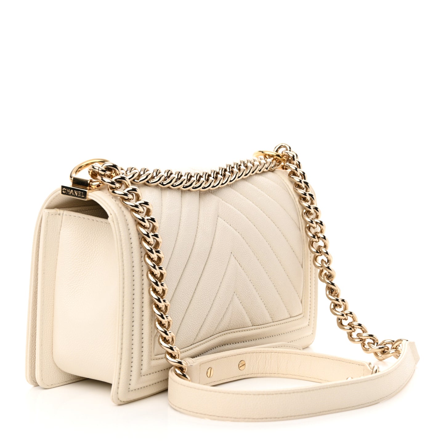 Caviar Chevron Quilted Medium Boy Flap White