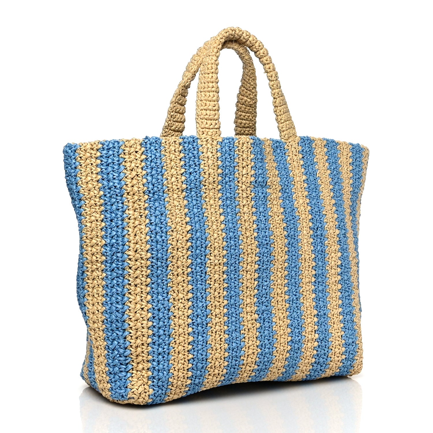 Prada Yarn Raffia Effect Crochet Striped Large Logo Tote Naturale Celeste 2 of 8