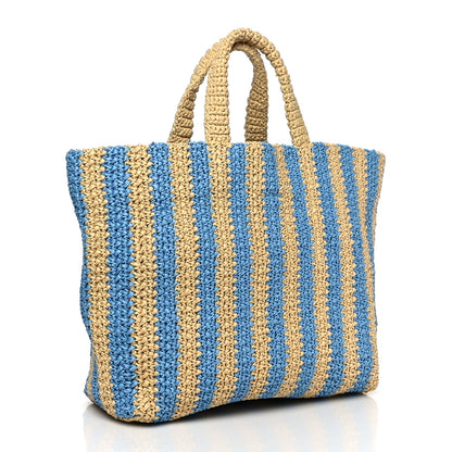 Prada Yarn Raffia Effect Crochet Striped Large Logo Tote Naturale Celeste 2 of 8