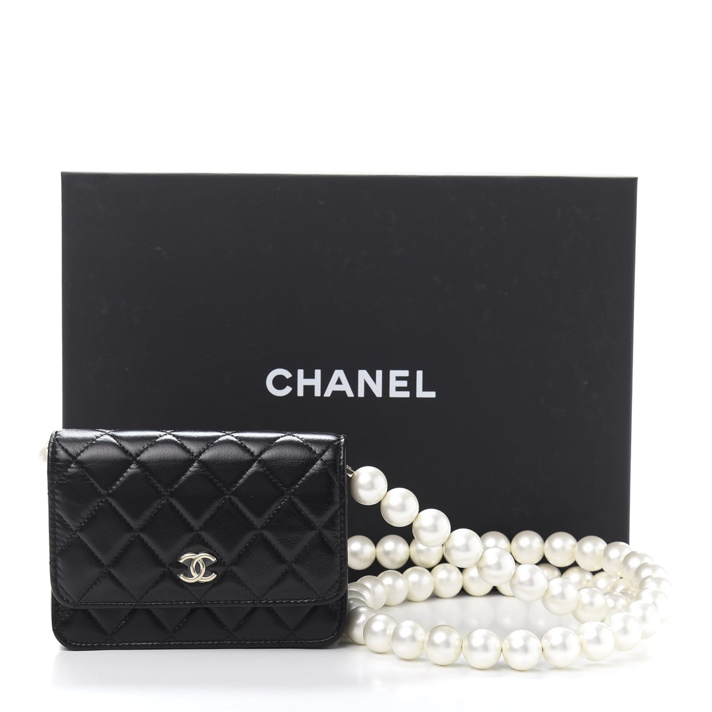 Calfskin Quilted Mini Maxi Pearls Wallet On Chain WOC Black