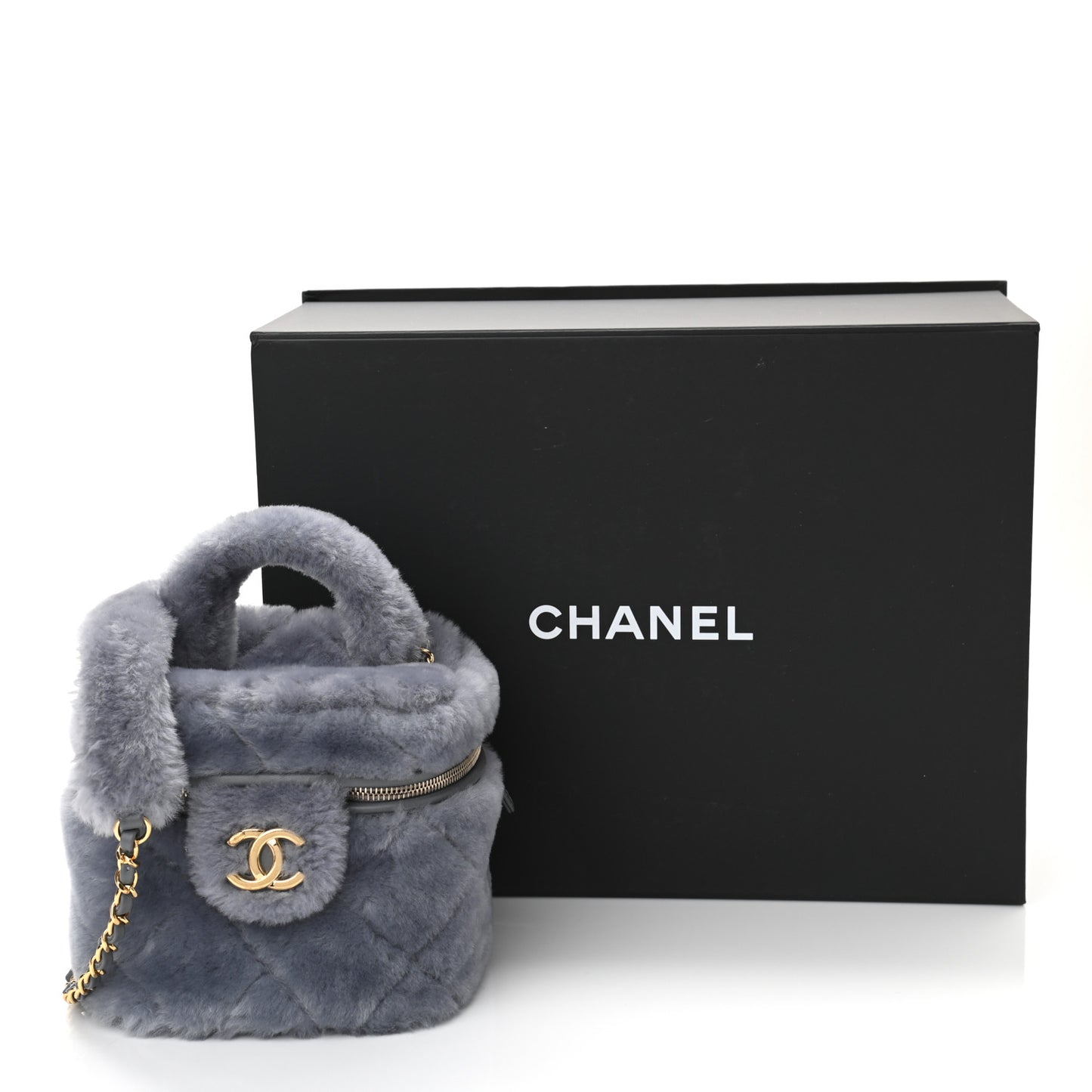 Shearling Lambskin Quilted Small Vanity Case Grey