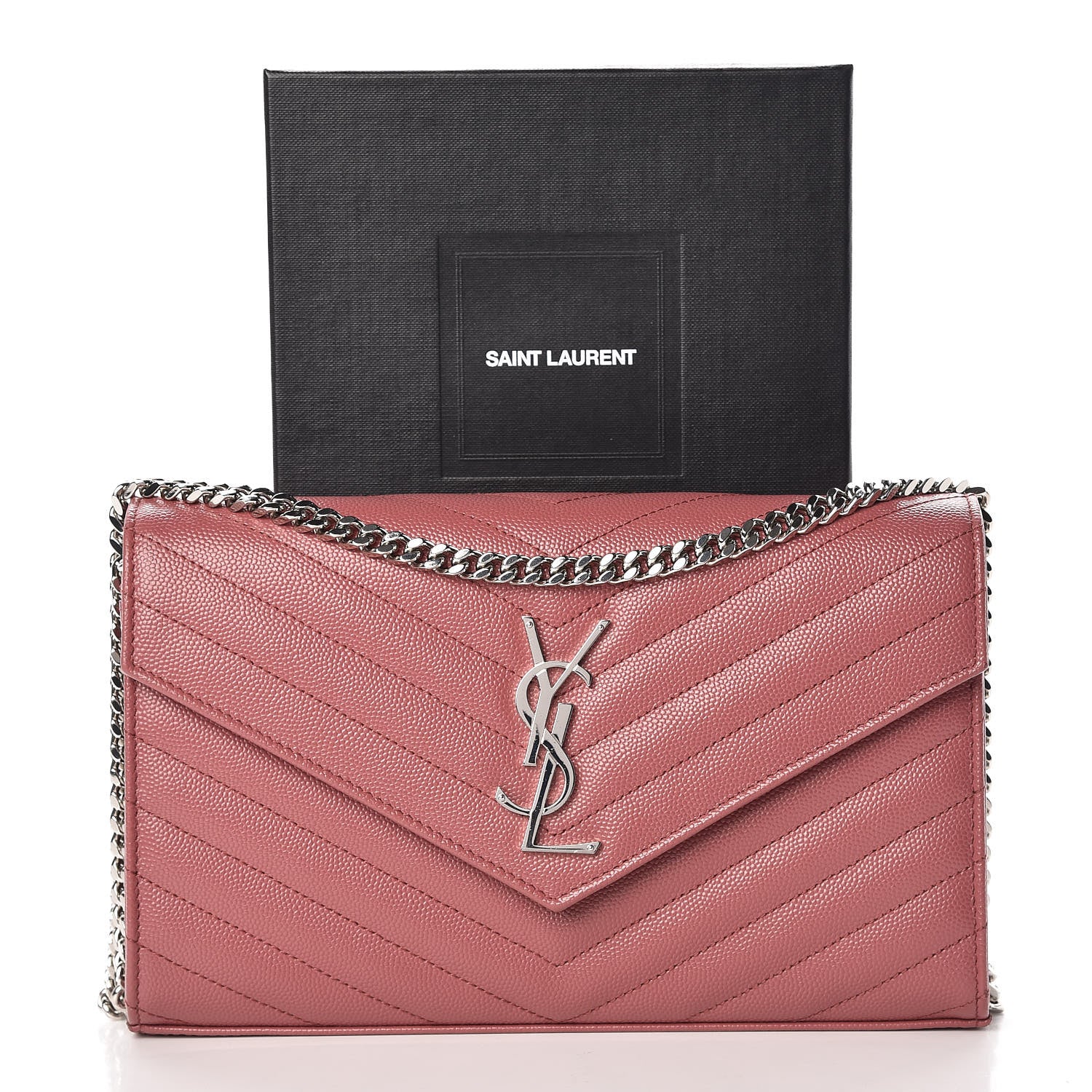 Saint Laurent Grain De Poudre Matelasse Chevron Monogram Chain Wallet Mystic Rose 13 of 13