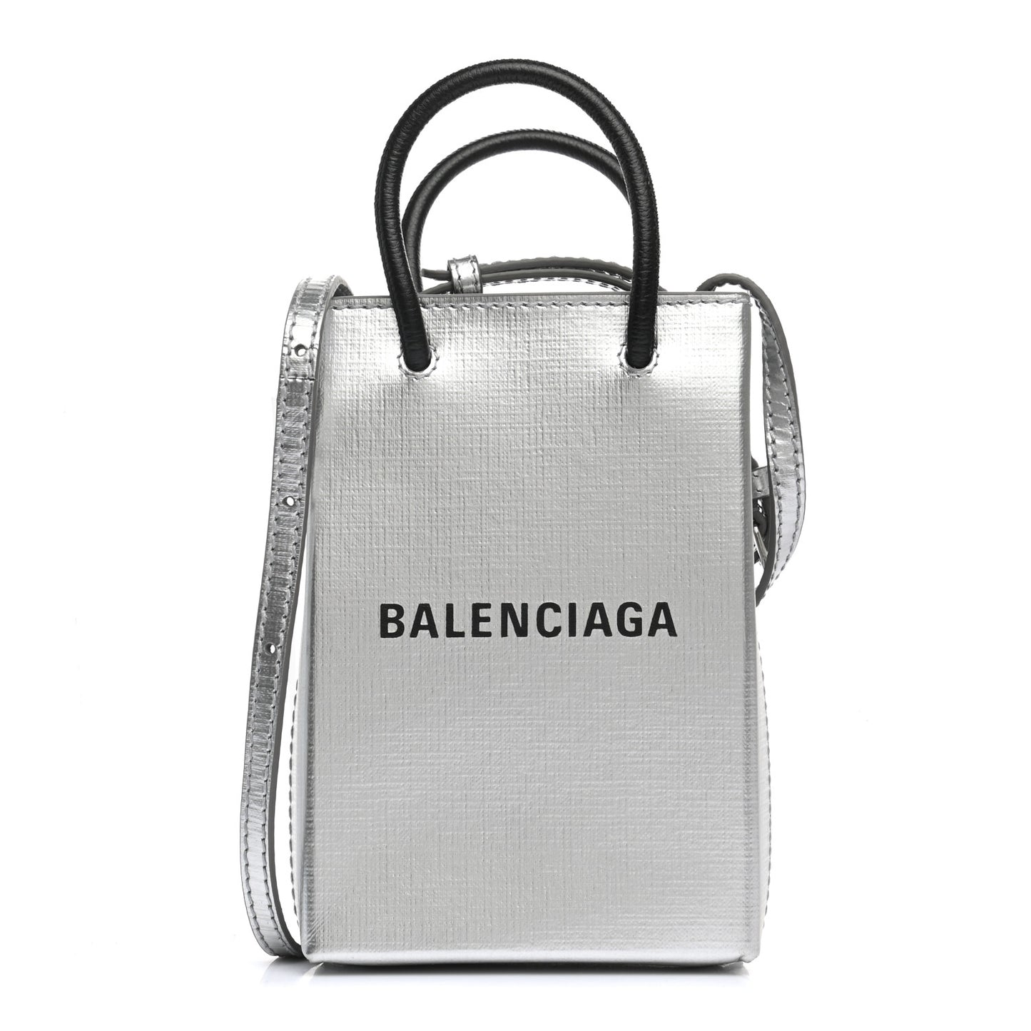 Metallic Textured Calfskin Logo Shopping Phone Holder Bag Silver