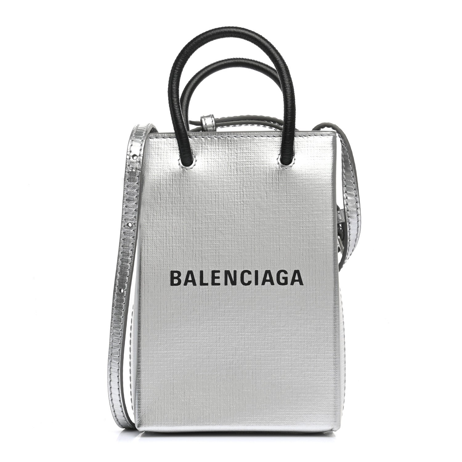 Balenciaga Metallic Textured Calfskin Logo Shopping Phone Holder Bag Silver 1 of 11