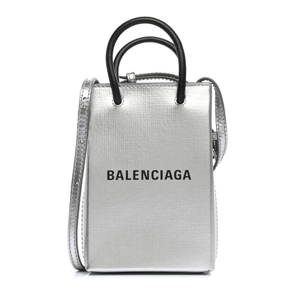 Balenciaga Metallic Textured Calfskin Logo Shopping Phone Holder Bag Silver 1 of 11