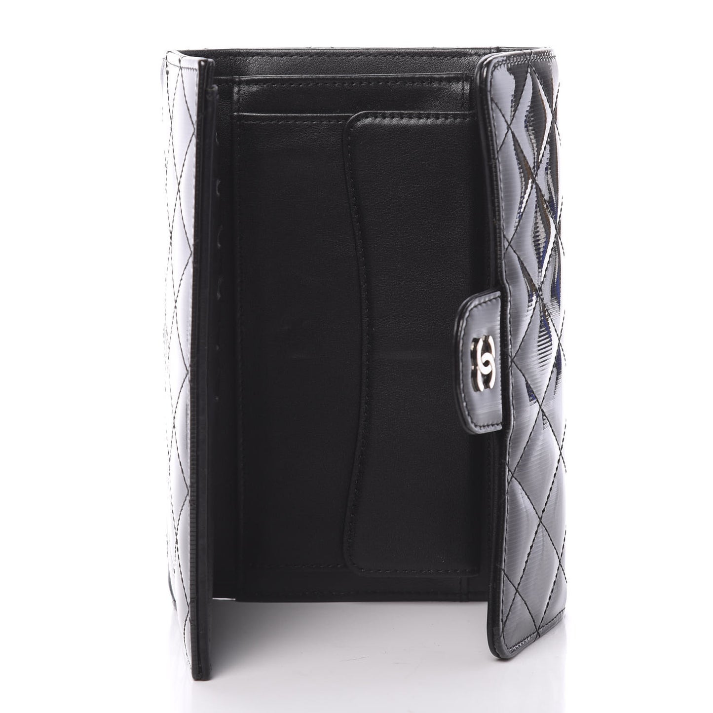 Patent Striped Quilted Large Flap Wallet Black