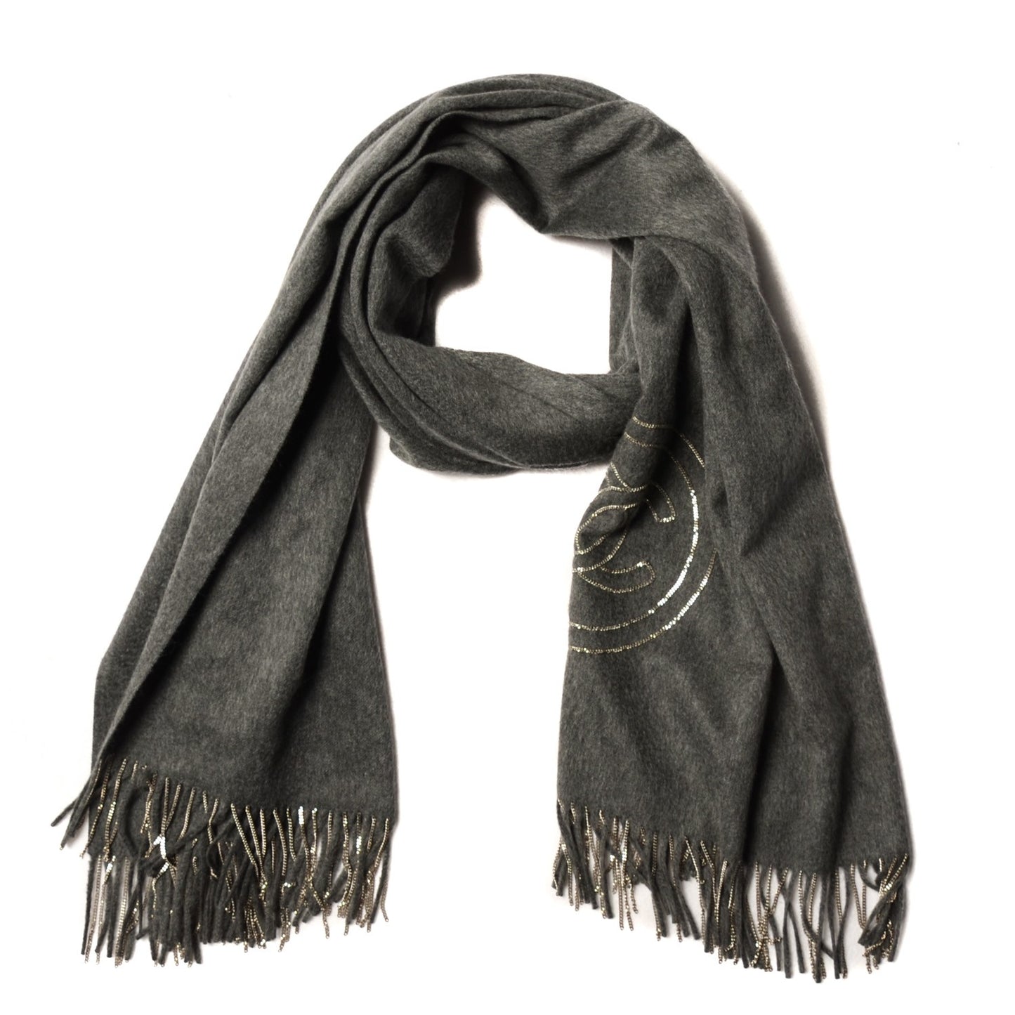 Cashmere CC Chain Fringe Shawl Dark Grey
