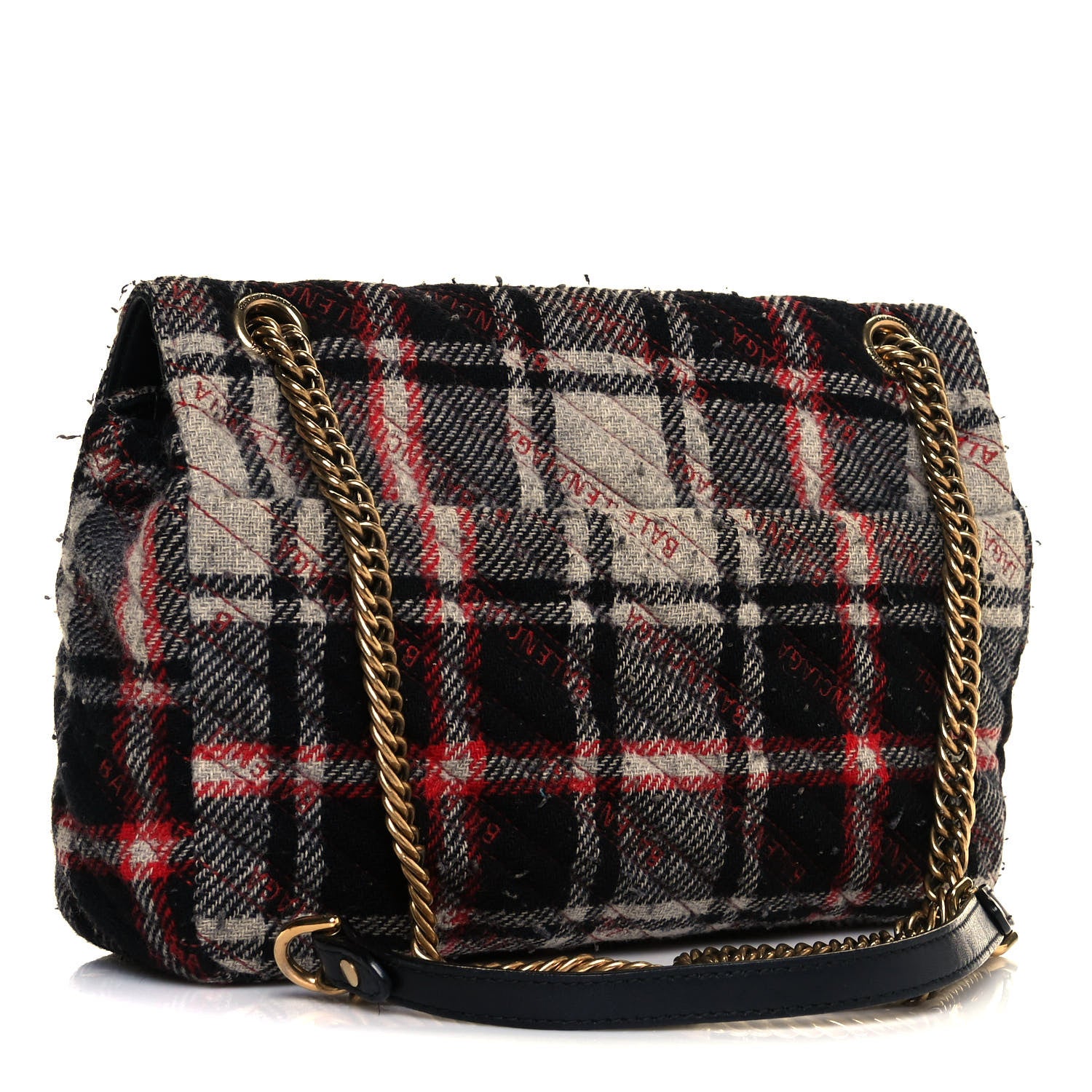 Balenciaga Wool Plaid Diagonal Allover Logo Matelasse M BB Round Shoulder Bag Black White Red 3 of 14