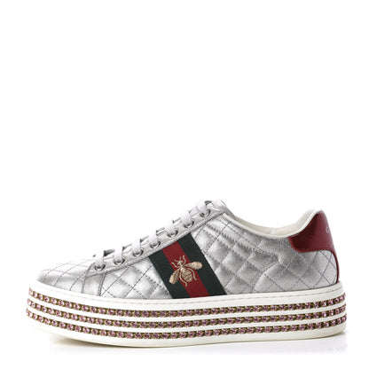 Gucci Laminated Nappa Crystal Web Bee Embroidered Trapuntata Womens Ace Platform Sneakers 36.5 Argento 1 of 12