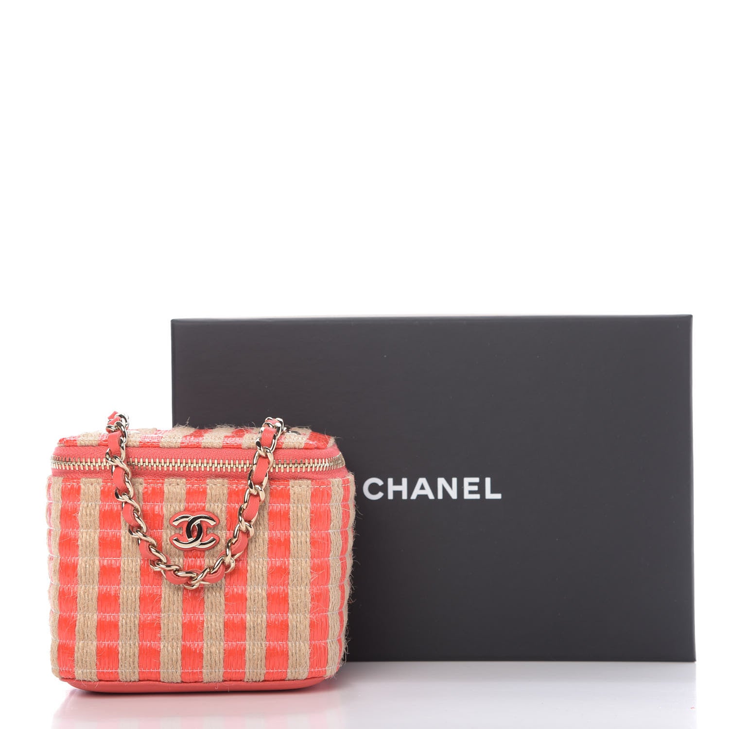 Chanel Raffia Jute Striped Mini Vanity Case With Chain Red Beige 10 of 10