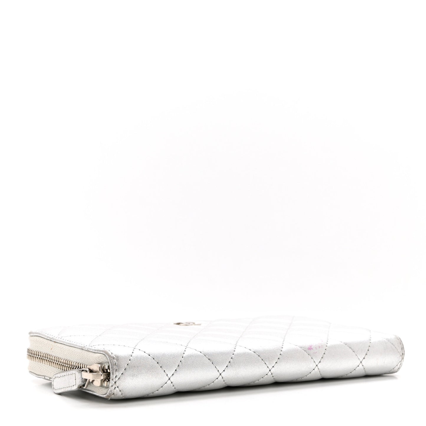 Metallic Lambskin Quilted Large Gusset Zip Around Wallet Silver