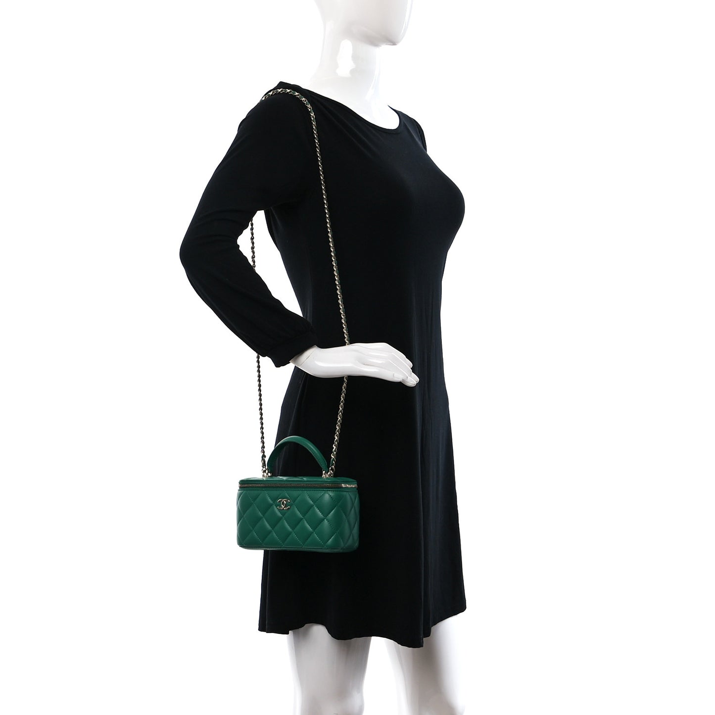 Lambskin Quilted Small Top Handle Vanity Case With Chain Green
