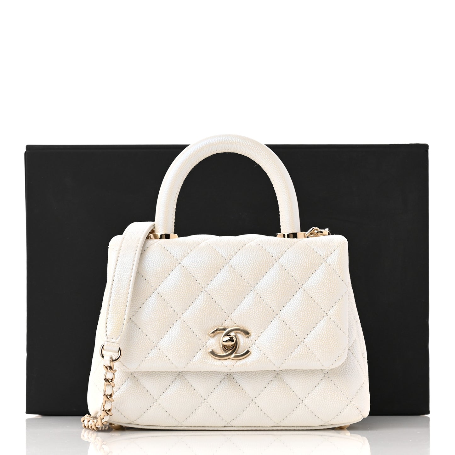 Iridescent Caviar Quilted Extra Mini Coco Handle Flap White