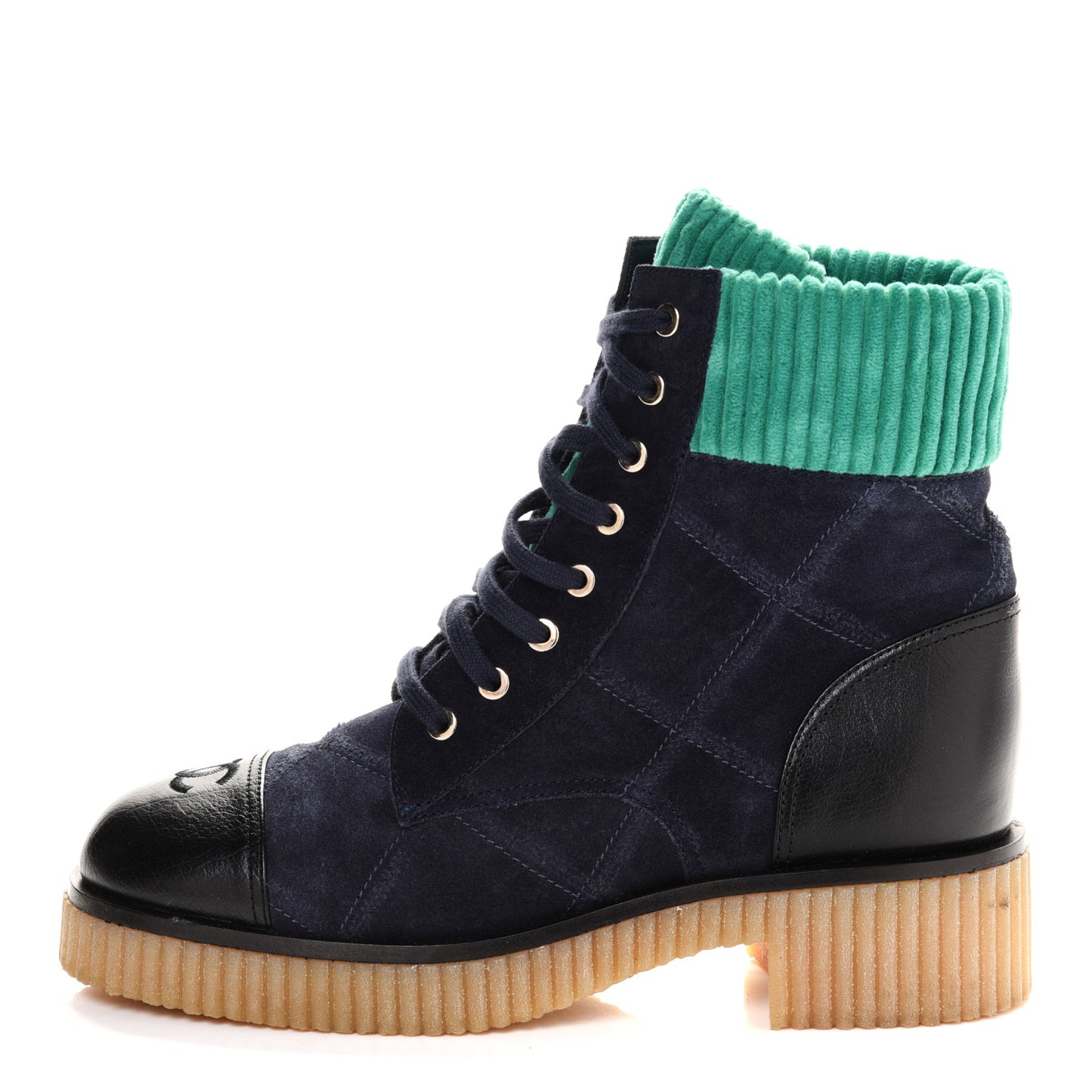 Suede Calfskin Velvet Quilted CC Combat Boots 39.5 Navy Green Black