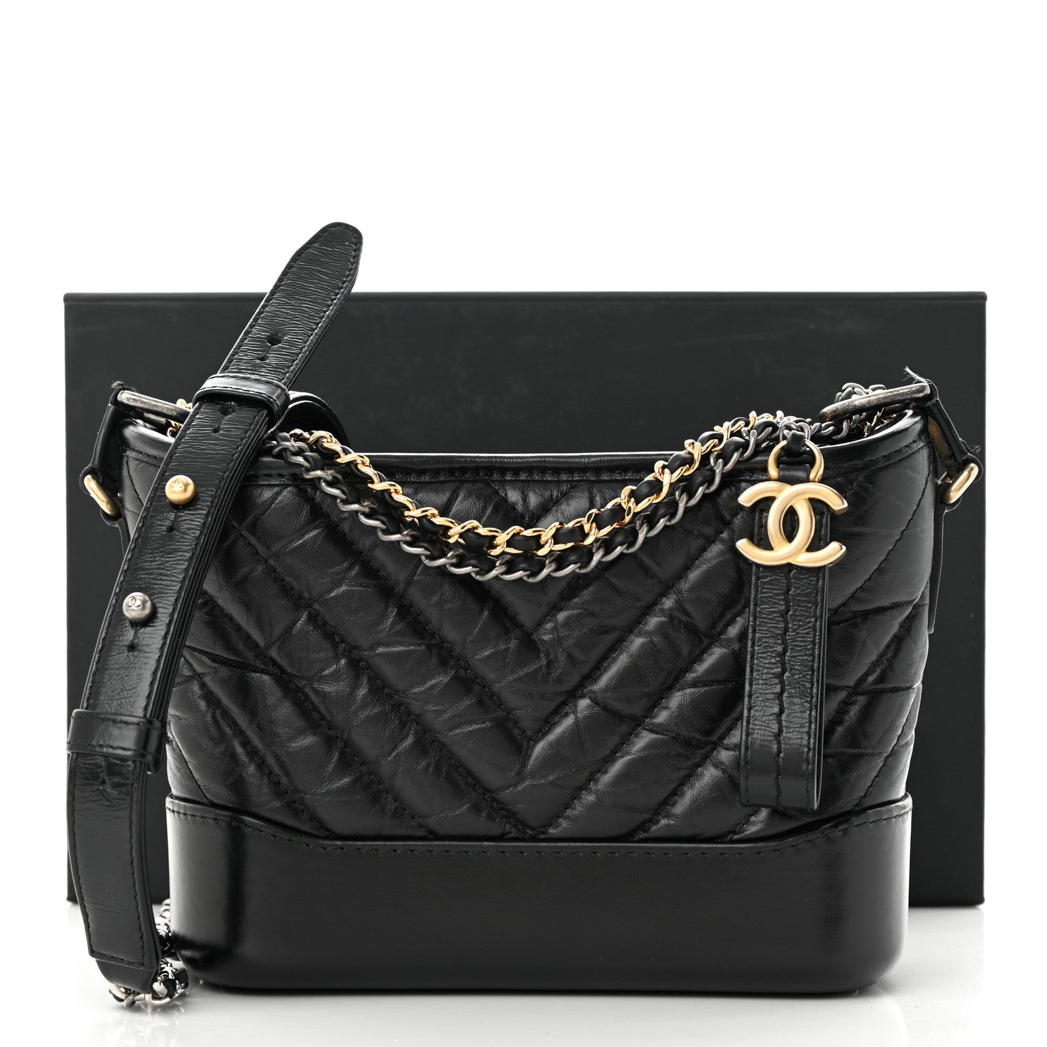 Chanel Aged Calfskin Chevron Quilted Small Gabrielle Hobo Black 13 of 13