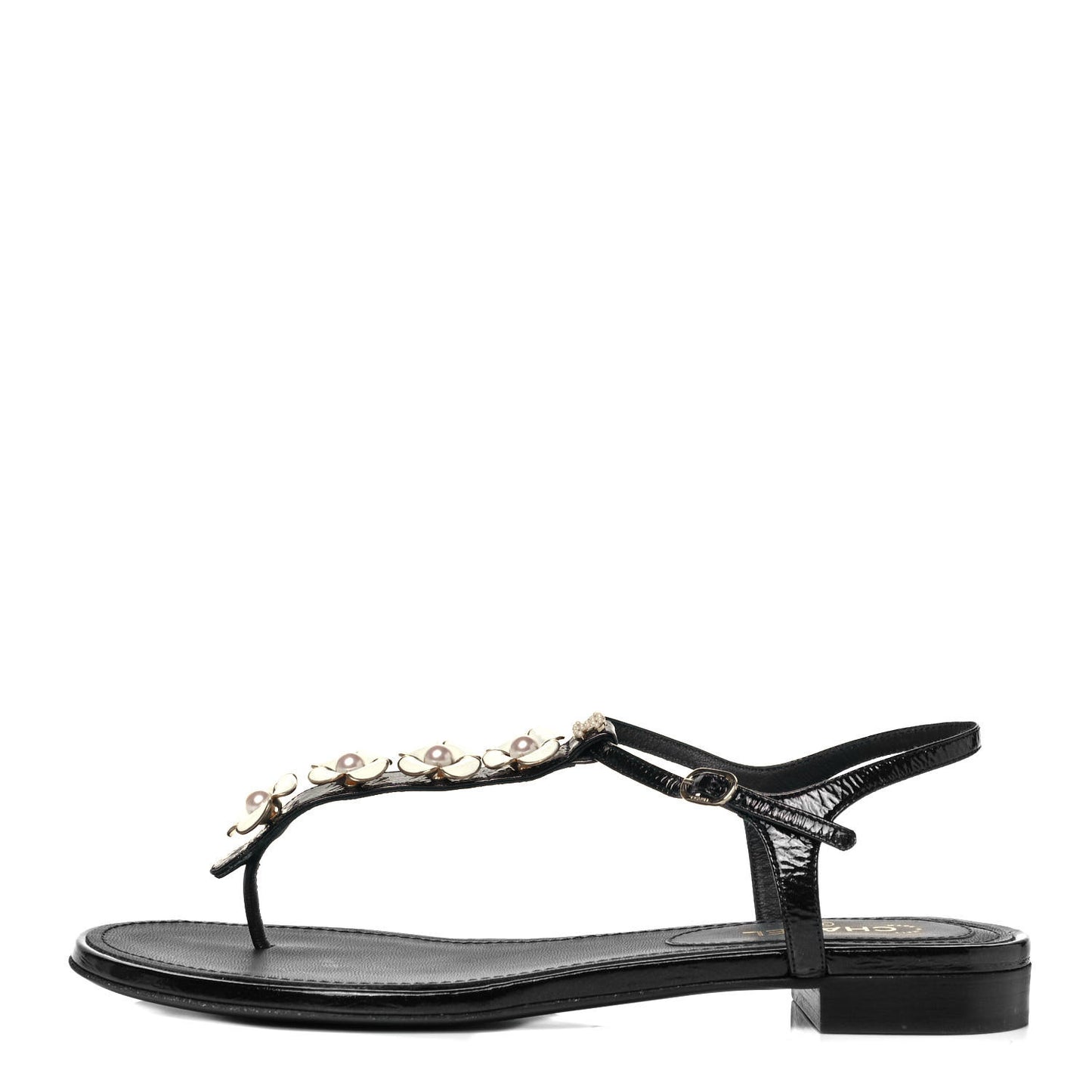 Crackled Patent Calfskin Pearl Camellia Thong Sandals 38 Black