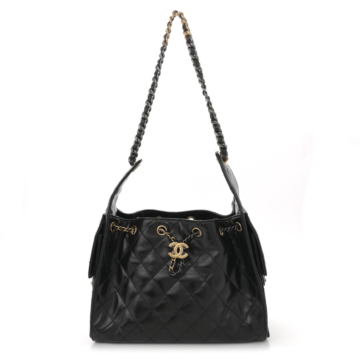 Shiny Crumpled Calfskin Quilted Small Chanel 25 Handbag Black