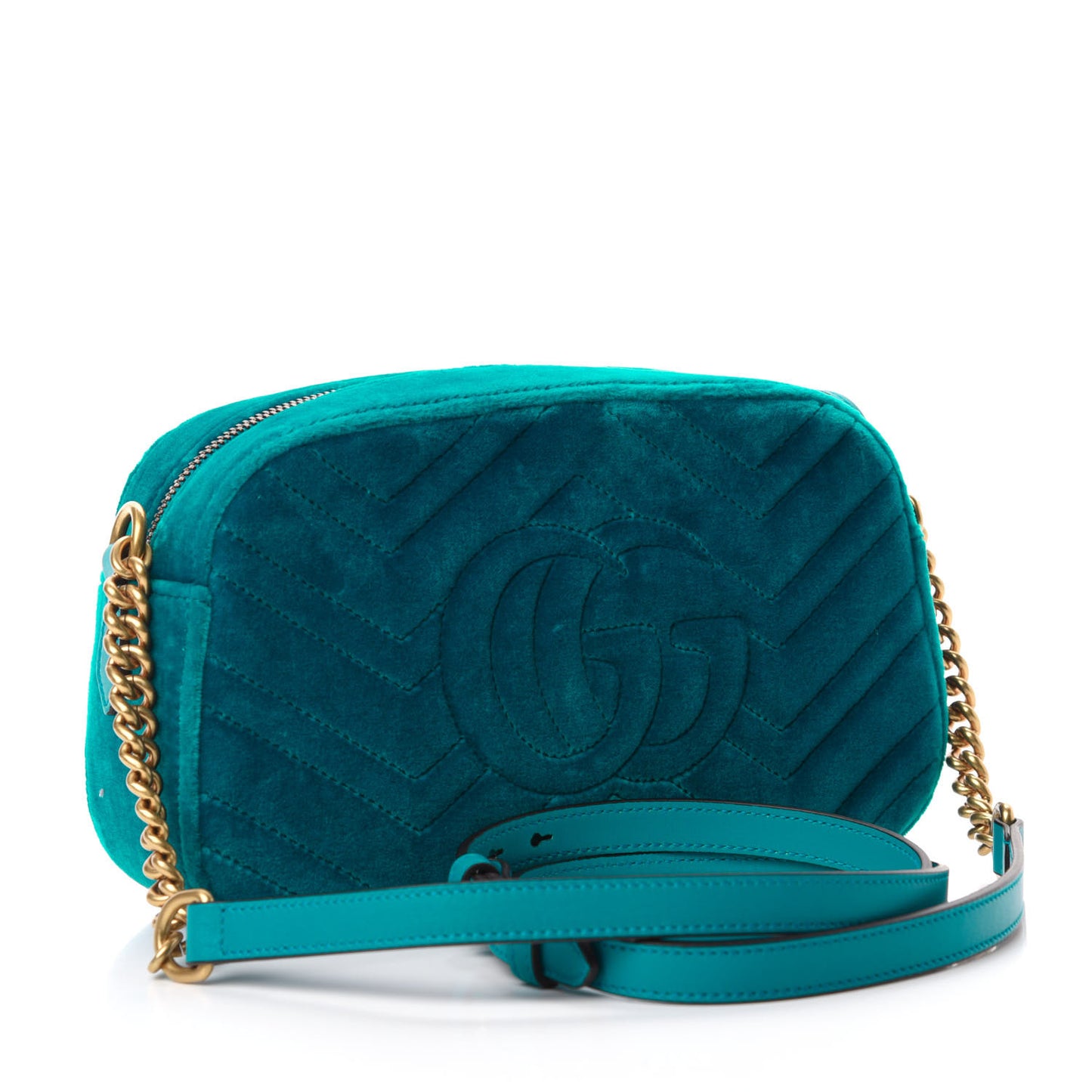 Velvet Matelasse Small GG Marmont Chain Shoulder Bag Pavone Cyan