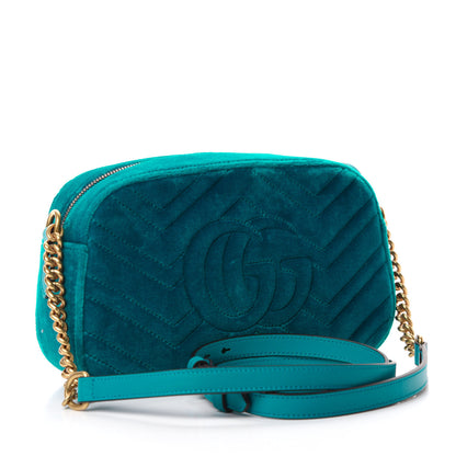 Gucci Velvet Matelasse Small GG Marmont Chain Shoulder Bag Pavone Cyan 3 of 10