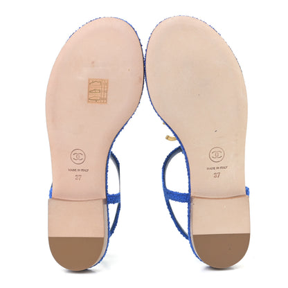 Chanel Cotton Tweed CC Logo Thong Sandals 37 Navy Blue 6 of 13