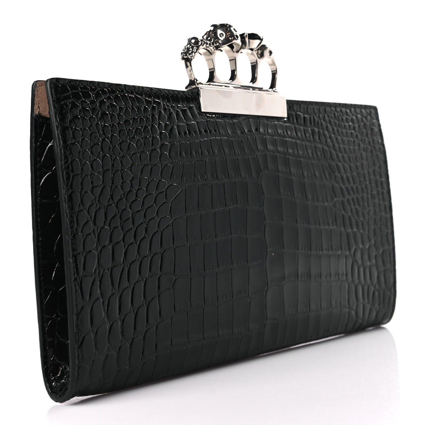 Calfskin Crocodile Embossed Knuckle Flat Clutch Black