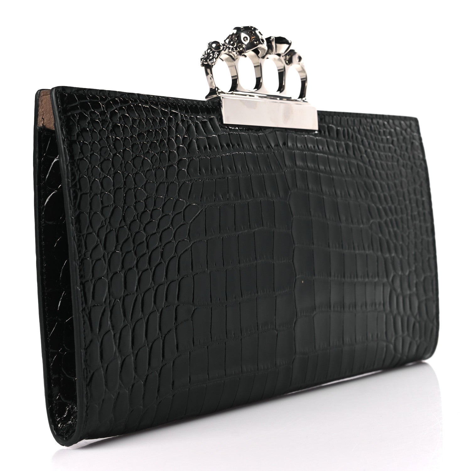 Alexander McQueen Calfskin Crocodile Embossed Knuckle Flat Clutch Black 3 of 9