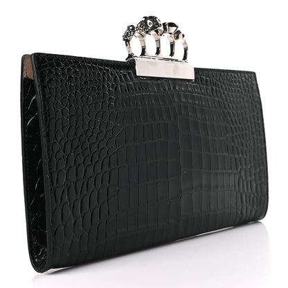 Alexander McQueen Calfskin Crocodile Embossed Knuckle Flat Clutch Black 3 of 9