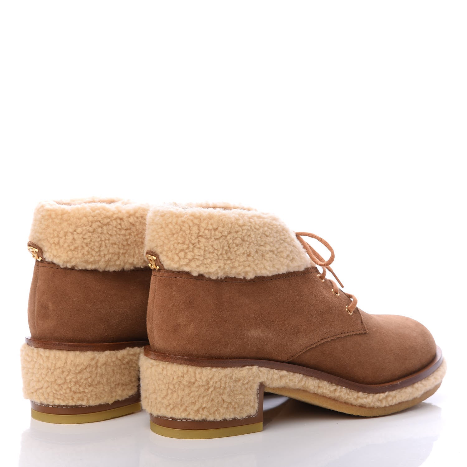 Chanel Shearling Suede Calfskin Womens Lace Up Ankle Boots 41.5 Brown Beige 4 of 8