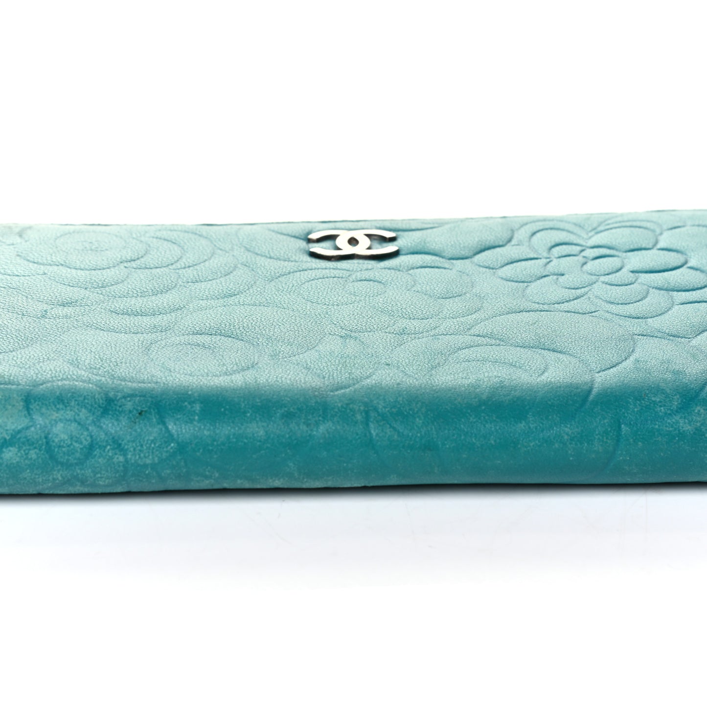 Lambskin Camellia Embossed Large Gusset Zip Around Wallet Blue