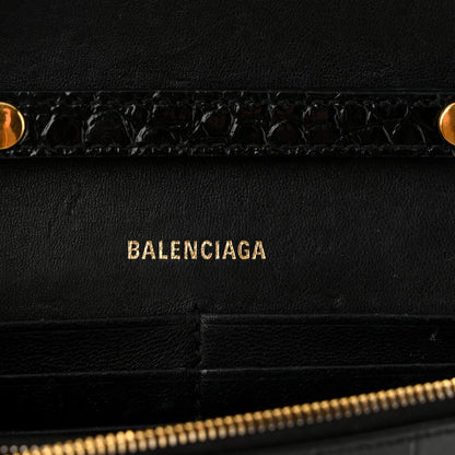 Balenciaga Shiny Calfskin Crocodile Embossed Hourglass Chain Bag Black 6 of 10