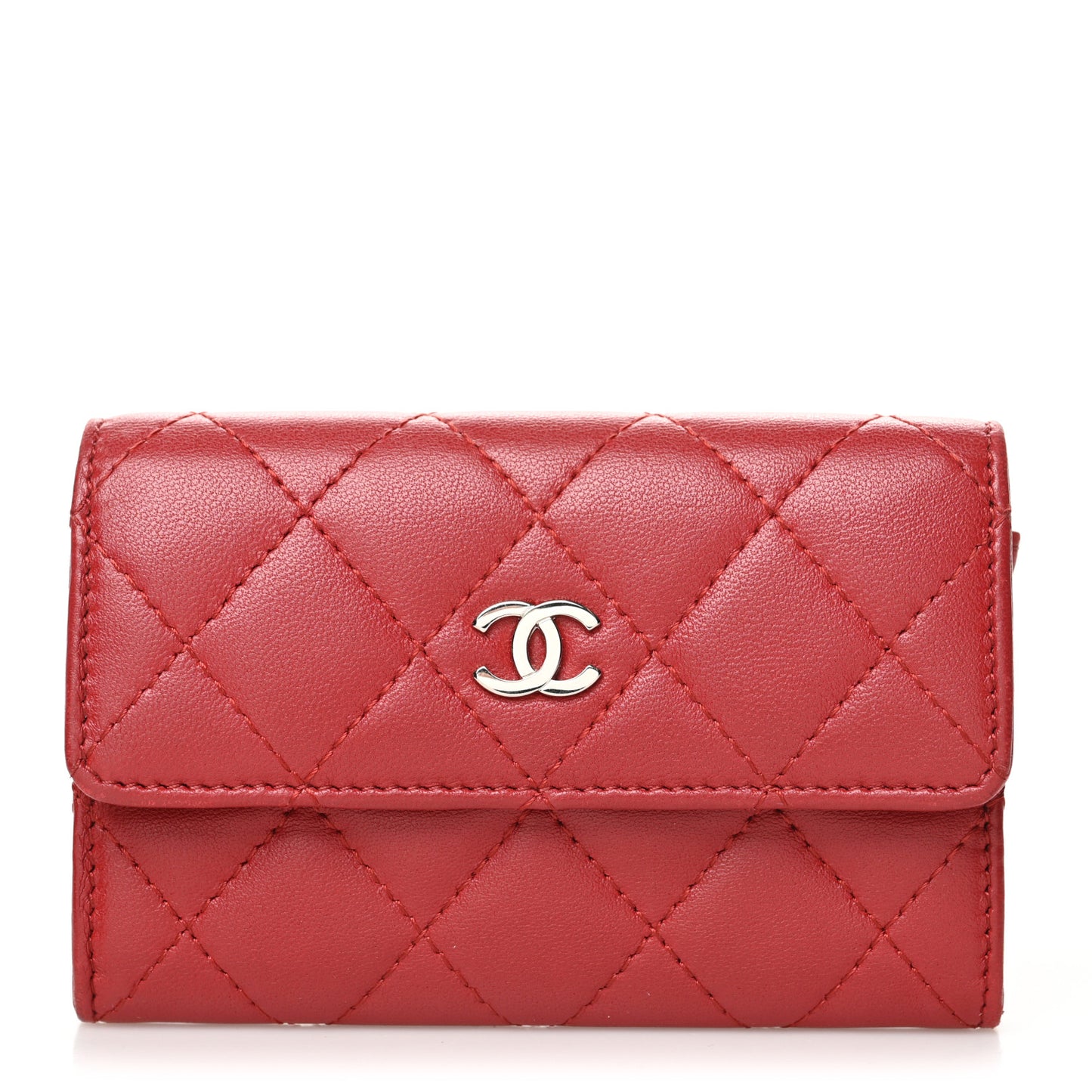 Lambskin Quilted Flap Card Holder Red