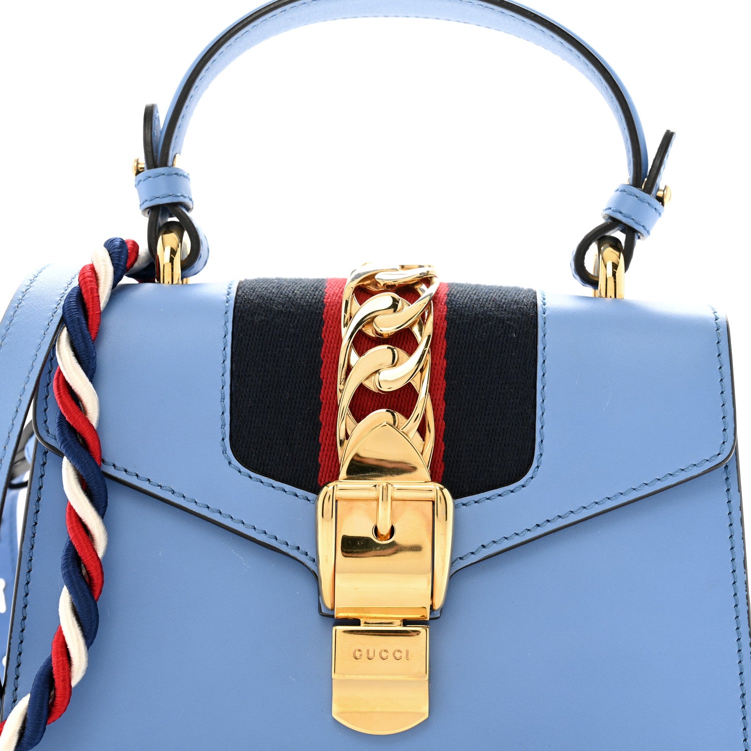 Gucci Vitello Fontanella Web Mini Sylvie Top Handle Bag Clear Sky Blue 8 of 14